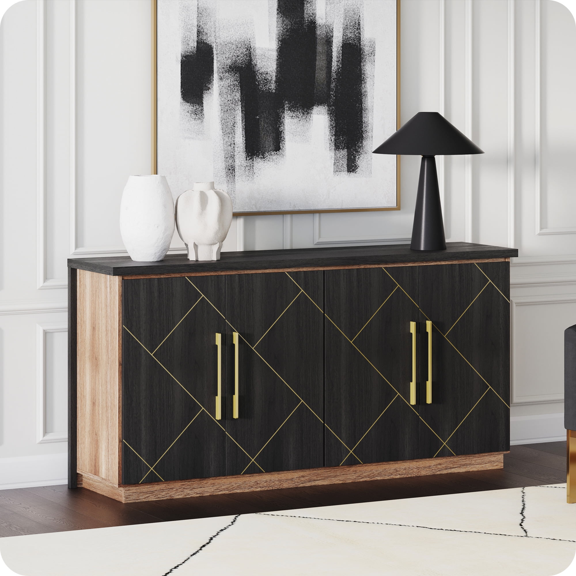 Espresso Black 65-Inch Sideboard Cabinet with Gold Trim and Decorative Doors