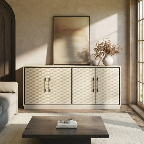 BELLEZE 65-Inch Embossed Buffet Cabinet with Storage, Mid Century Modern Sideboard Large Buffet Console Table for Dining Room, Kitchen, and Living Room (White Lotus)