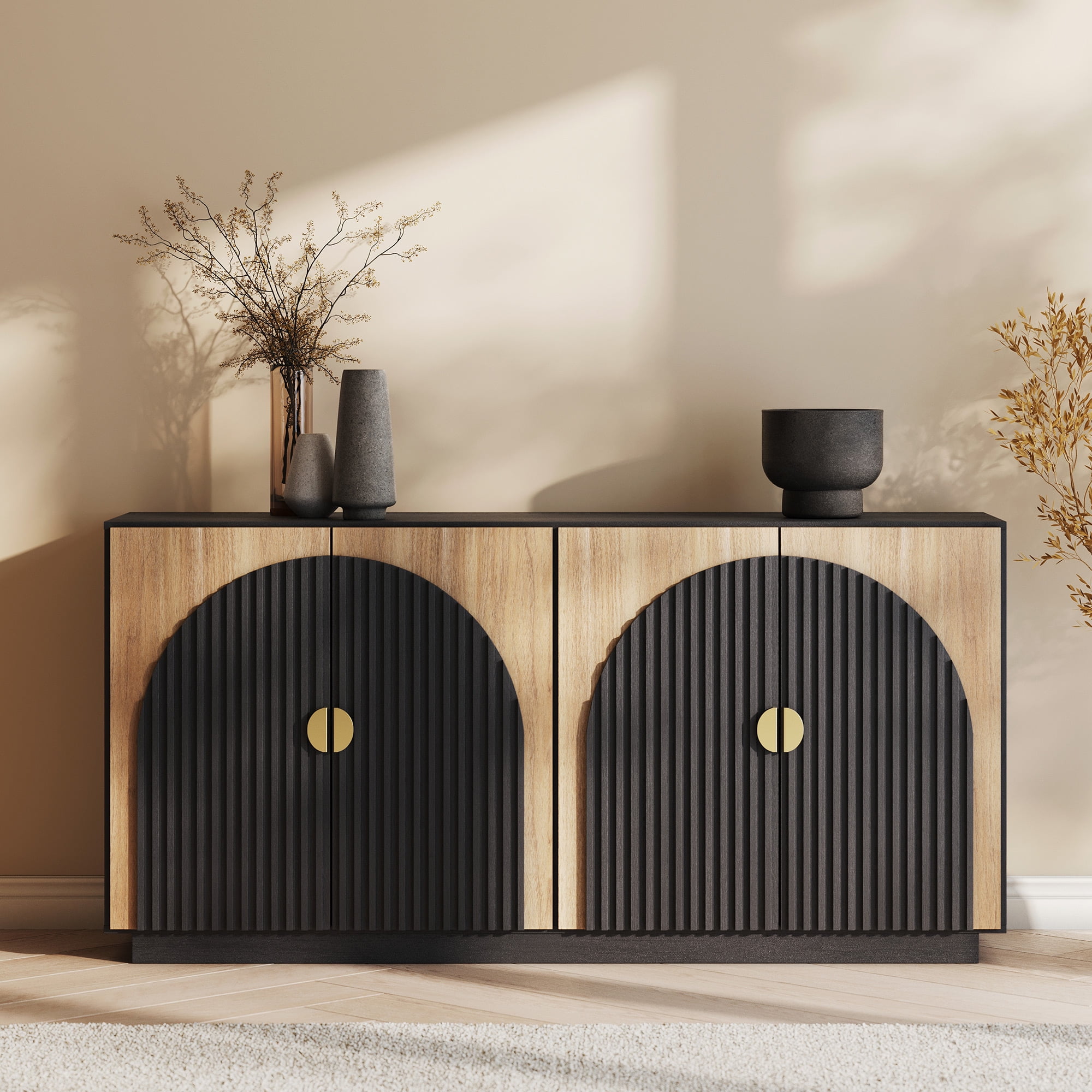 Belleze 65" Black and Camel Fluted Buffet Cabinet