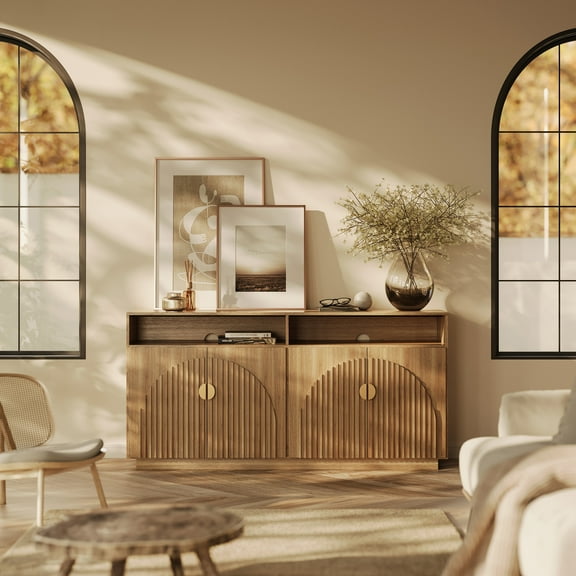 BELLEZE 65 Inch Fluted TV Stand, Mid Century Modern Entertainment Center with Storage Cabinets & Open Shelves, Media Console TV Cabinet with Adjustable Shelves For Living Room, Caramel Brown