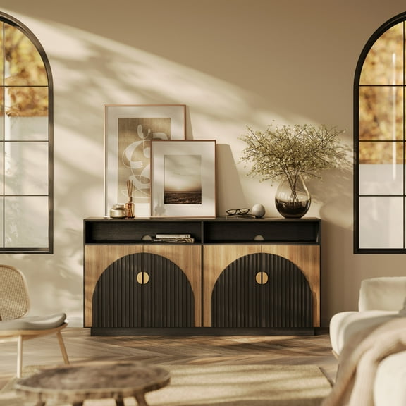 BELLEZE 65 Inch Fluted TV Stand, Mid Century Modern Entertainment Center with Storage Cabinets & Open Shelves, Media Console TV Cabinet with Adjustable Shelves For Living Room, Camel