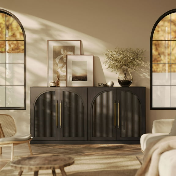 BELLEZE 65 Inch Sideboard Cabinet with Double-Arc Wood Doors, Large Buffet Cabinet with Storage and Adjustable Shelves, Classic Modern Console Table For Dining Room Living Room Entryway (Camel)