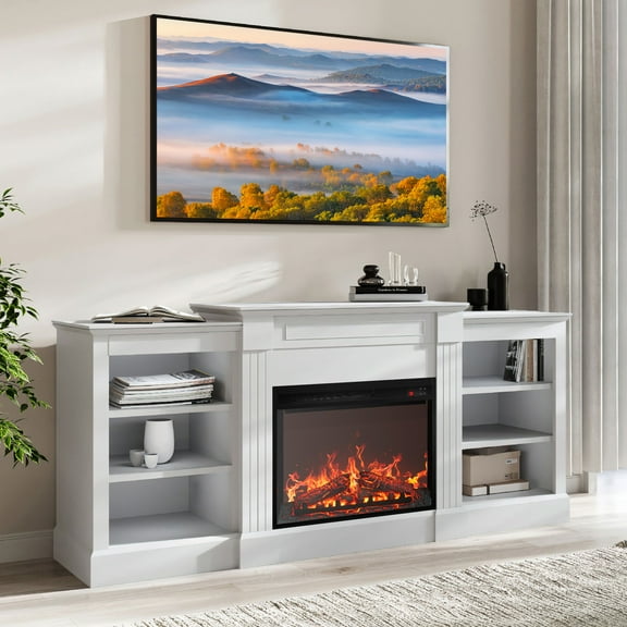 BELLEZE 66" Mantel TV Stand Entertainment Center For TVs up to 66" with 23" Fireplace - Lenore (White)