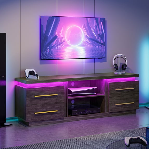 BELLEZE 66" TV Stand for TVs Up to 75", Entertainment Center with Music Sync LED Lights, Media Console Table Storage Cabinet with Open Shelves & Drawers for Living room, Bedroom - Hawthorn (Brown)