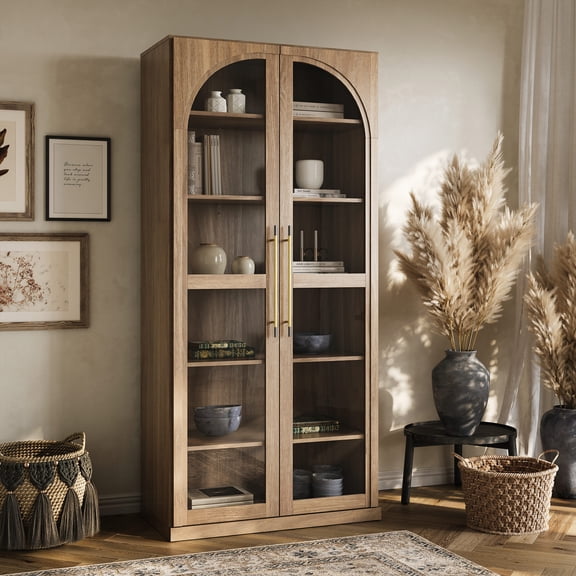 BELLEZE 67" Storage Cabinet, 6 Shelf Glass Bookshelf Display Cabinet, Modern Wood Wine Curio Cabinets with 4 Adjustable Shelves, Trophy Display Case for Living Room, Wine, Camel