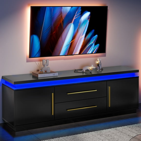 BELLEZE 67" TV Stand for TV up to 75",  with LED Lights Change to Melody of Music - Studio (Black)