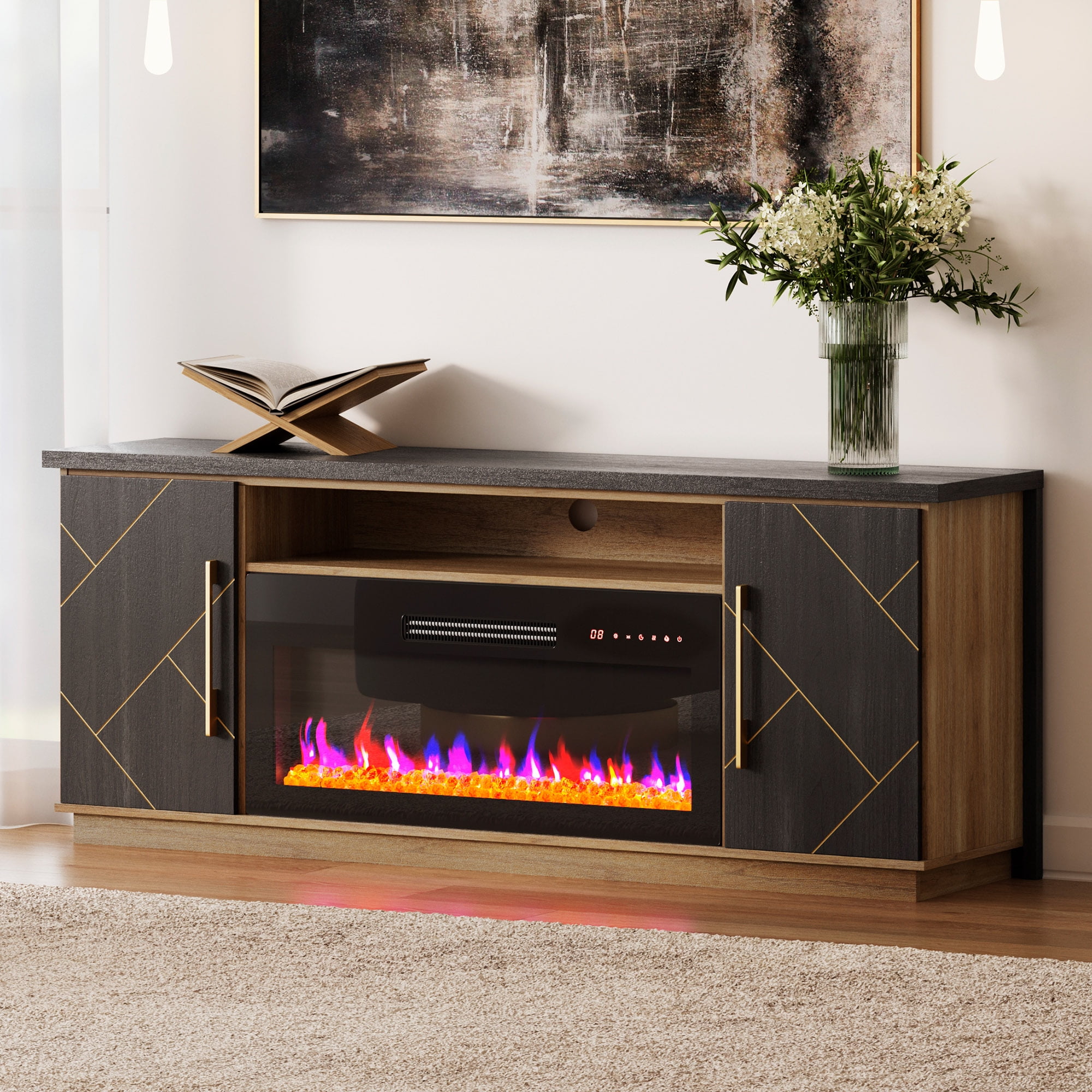 Espresso Black 68" TV Stand with Electric Fireplace and Storage