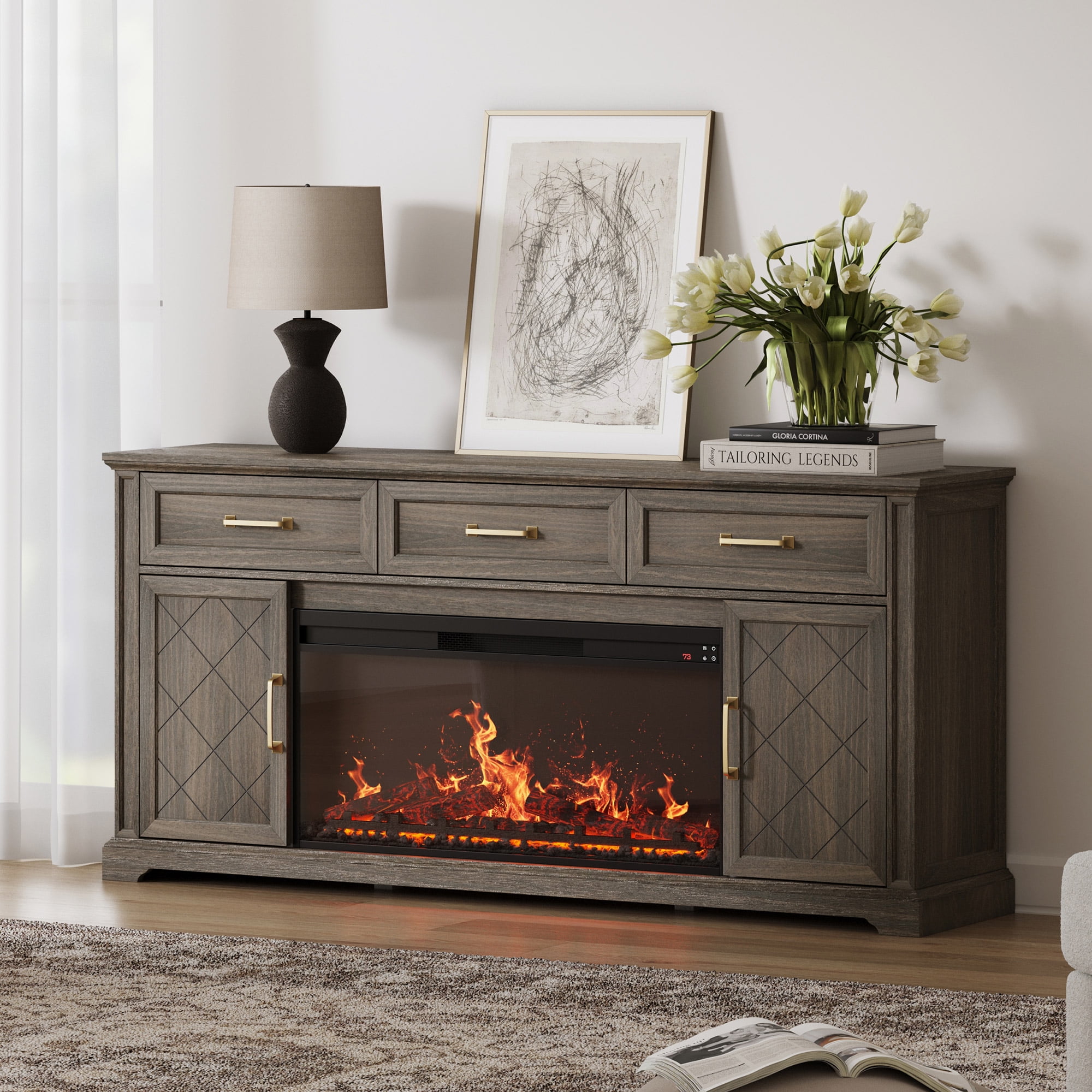 68-Inch Brown Farmhouse TV Stand with Electric Fireplace and Storage Cabinets
