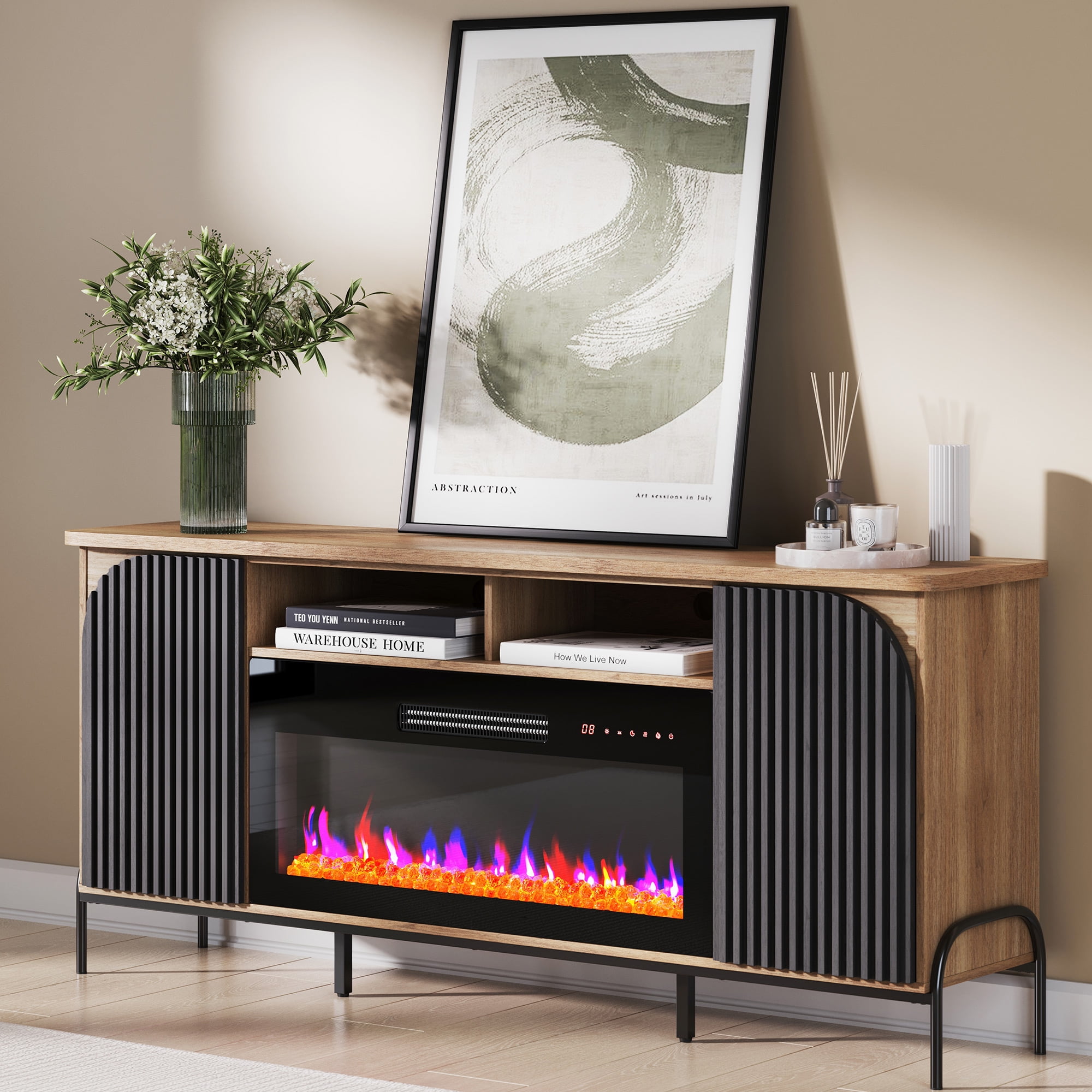 Camel 68 Inch TV Stand with Electric Fireplace and Cabinets