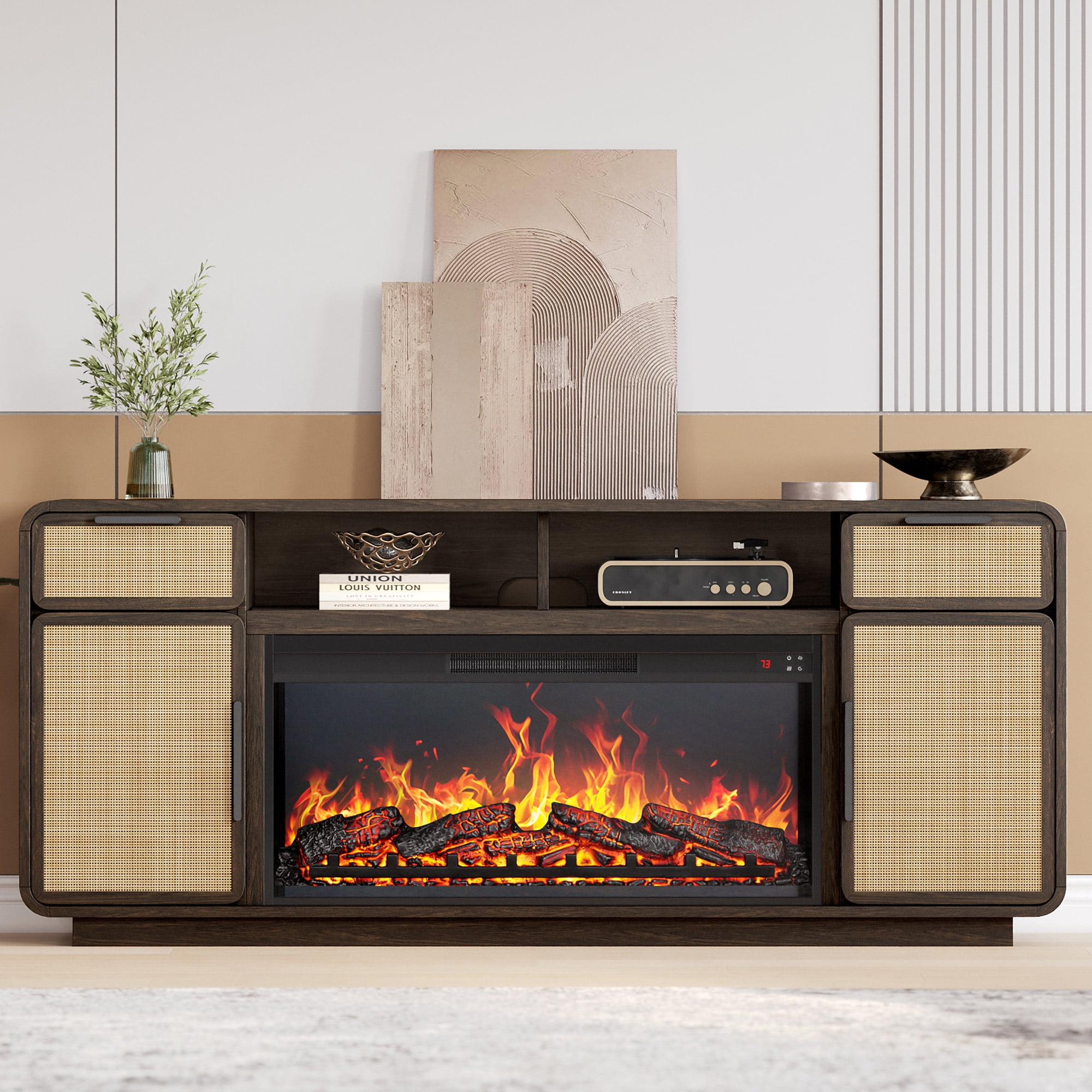 BELLEZE 68" TV Stand for TV Up to 75", Entertainment Center with 36" Electric Fireplace Heater, Rattan Decorated Console Table Storage Cabinet for Living Room, Bedroom - Bower(Brown)