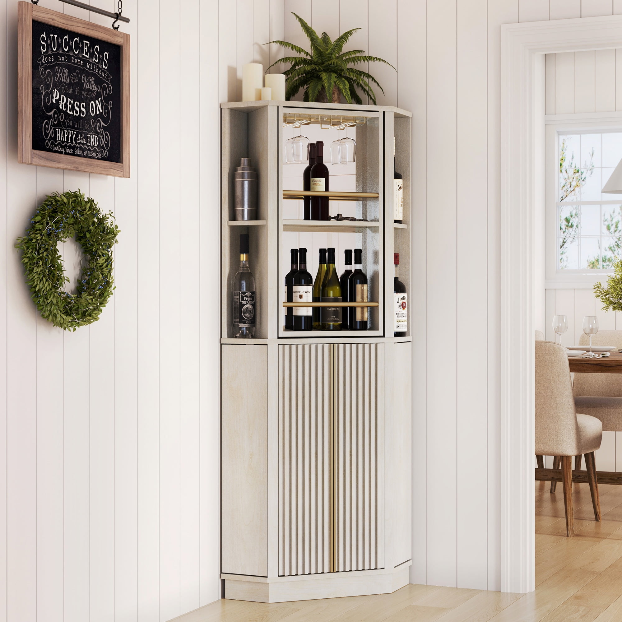 White Sand 68" Corner Bar Cabinet with Rotating Wine Rack