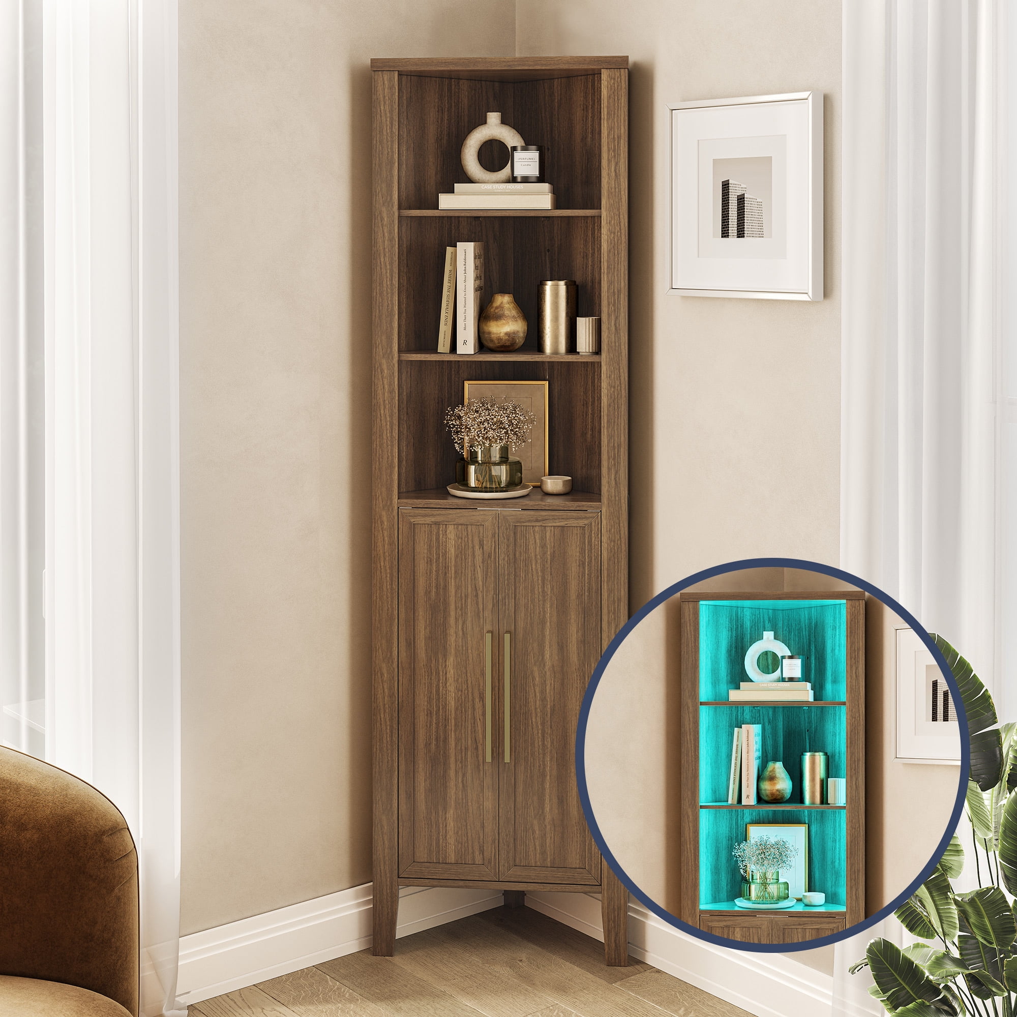 BELLEZE 70'' Corner with LED Lights, Adjustable Shelves, RF