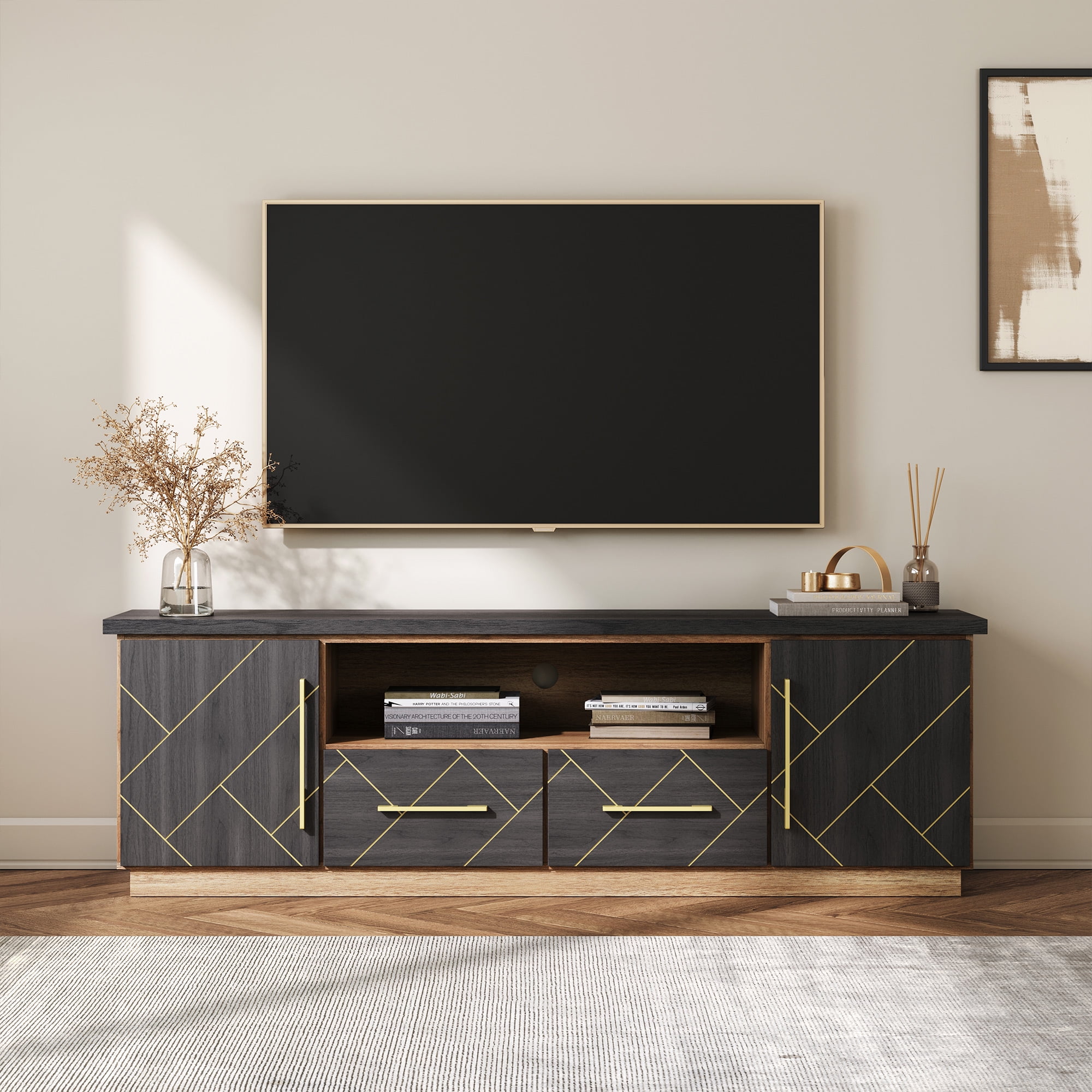 Espresso Black 70-Inch Modern TV Stand with Gold Trim
