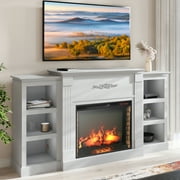 BELLEZE 70" Mantel TV Stand Entertainment Center For TVs up to 68" with 28" Fireplace - Lenore White