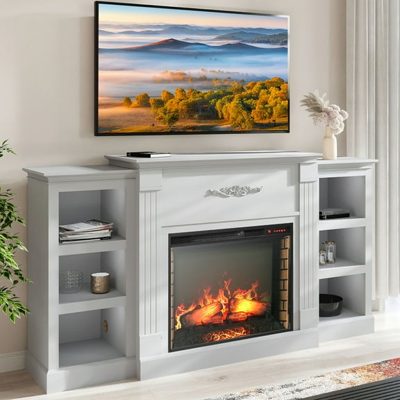 BELLEZE 70" Mantel TV Stand Entertainment Center For TVs up to 68" with 28" Fireplace - Lenore (White)