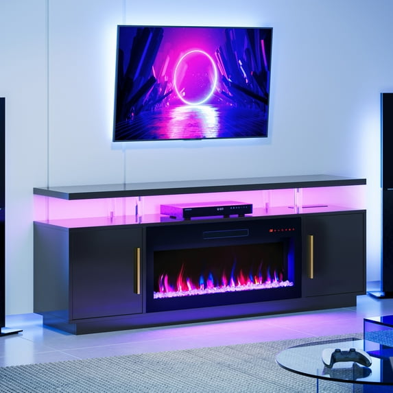 BELLEZE 70" TV Stand for TVs up to 75", LED Light Entertainment Center with 36" Electric Fireplace, Storage Cabinet with USB AC Outlet, Media Console Table for Living Room - Avenue (Black)