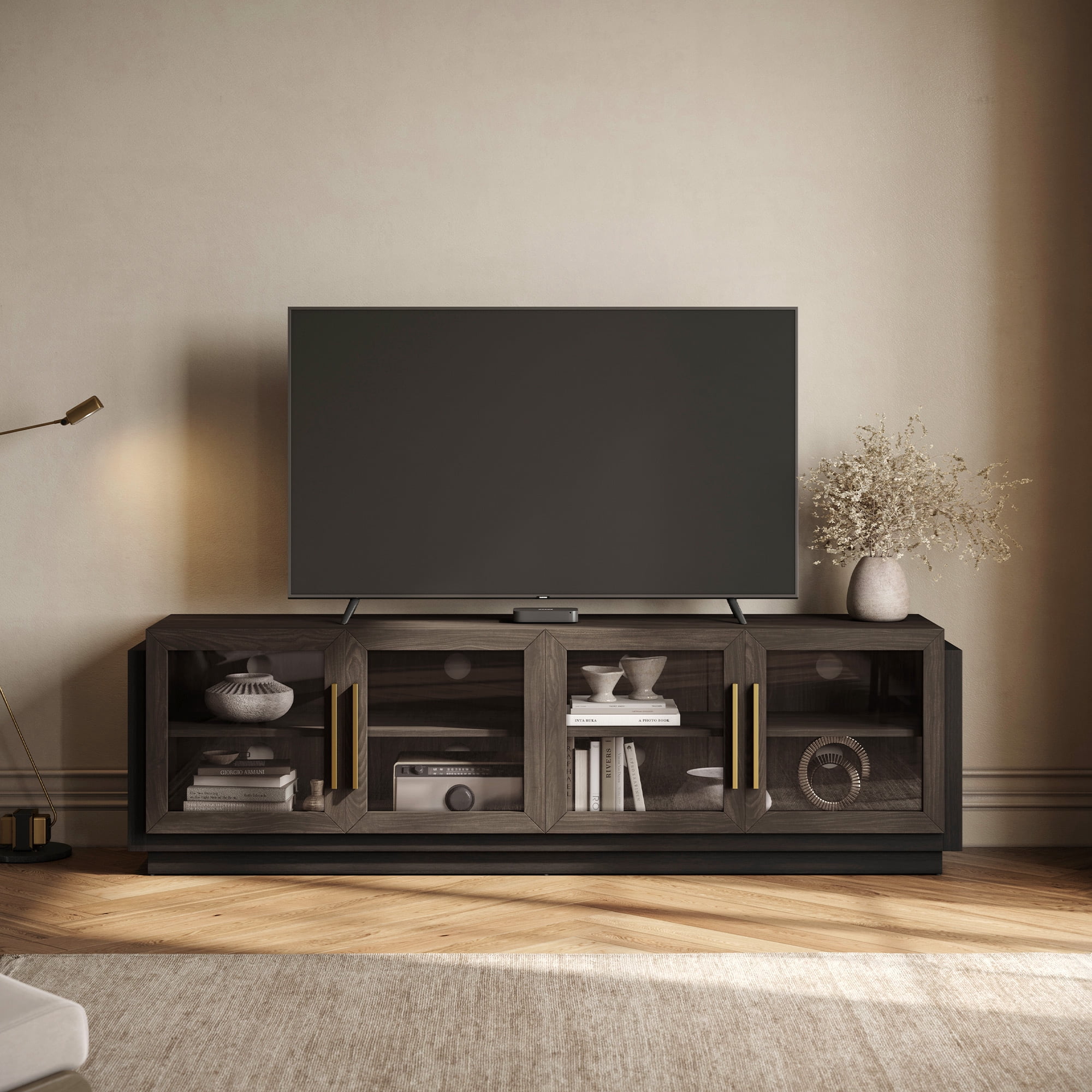 BELLEZE 70" TV Stand for TVs up to 75", Modern TV Stand & Entertainment Center with Shelves, Wood Storage Cabinet for Living Room or Bedroom - Brixston (Brown)