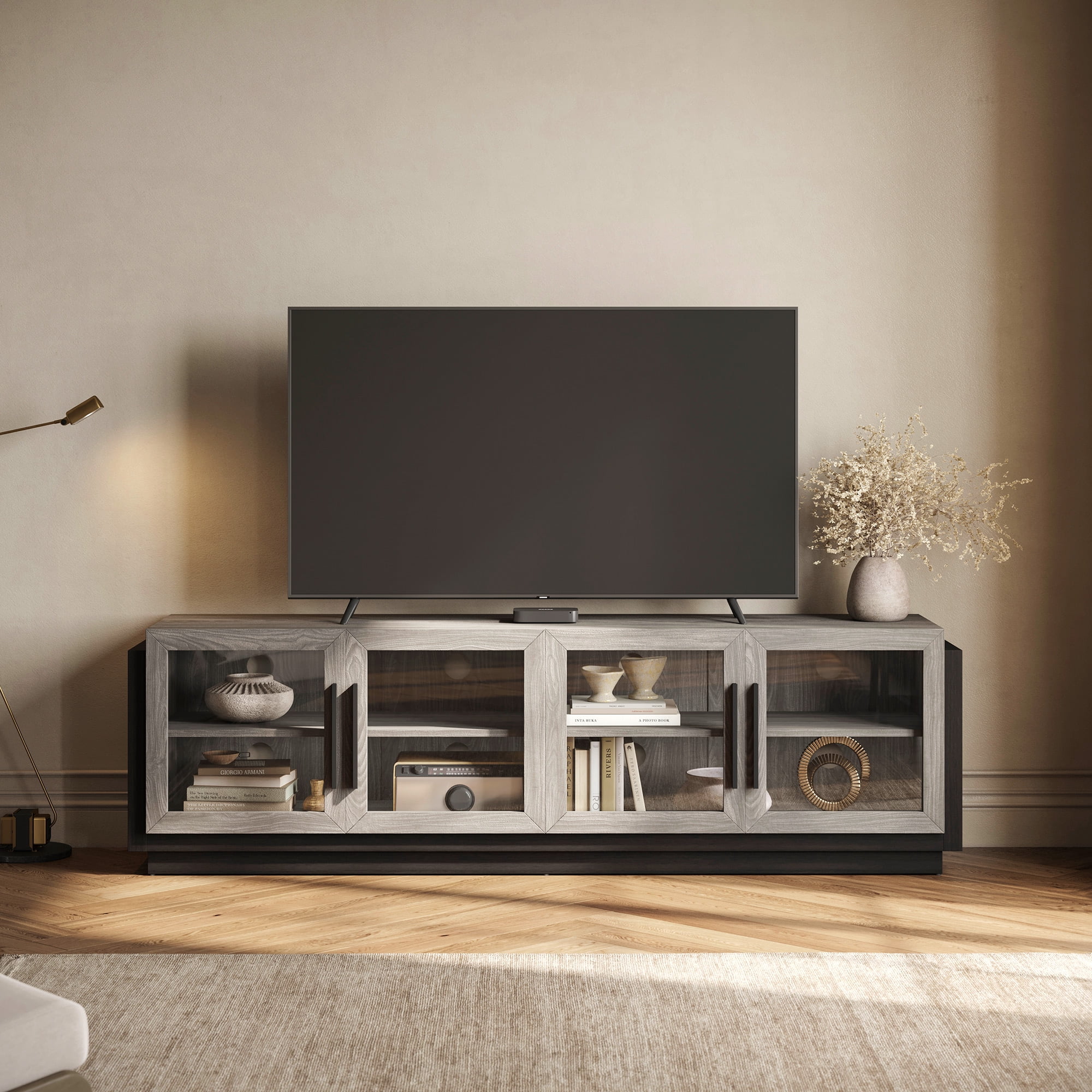 BELLEZE 70" TV Stand for TVs up to 75", Modern TV Stand & Entertainment Center with Shelves, Wood Storage Cabinet for Living Room or Bedroom - Brixston (Grey)