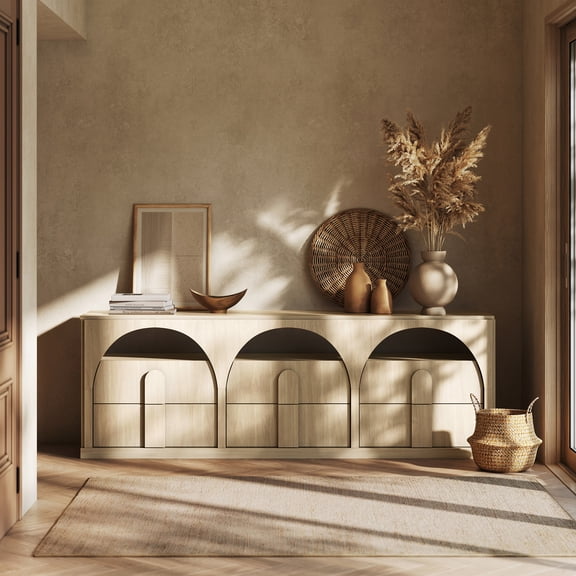 BELLEZE 70" TV Stand for TVs up to 75", Modern Arched Media Console Entertainment Center with 6 Drawers & Shelf Storage, Sand