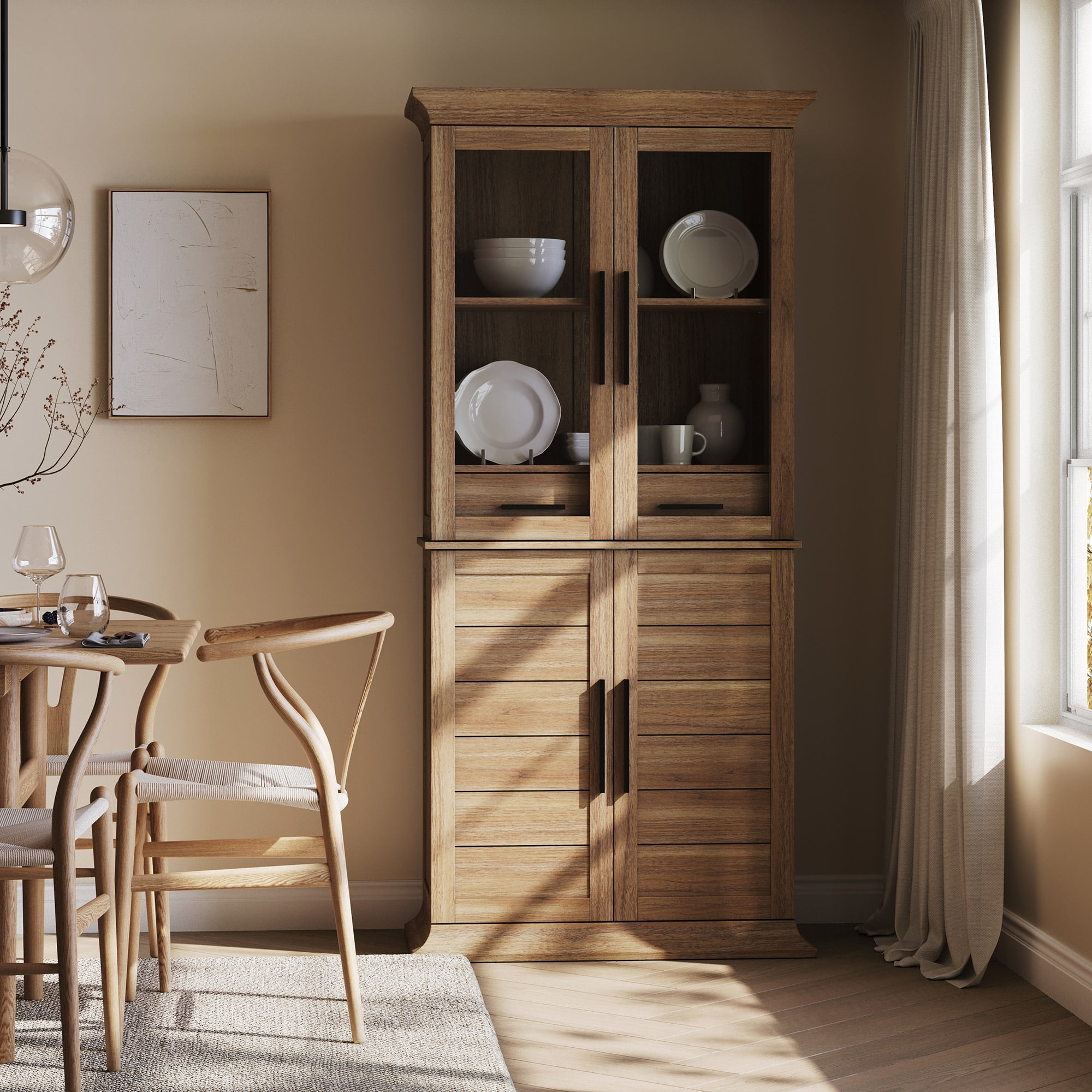 Tan Oak Freestanding Kitchen Pantry Cabinet with Black Handles