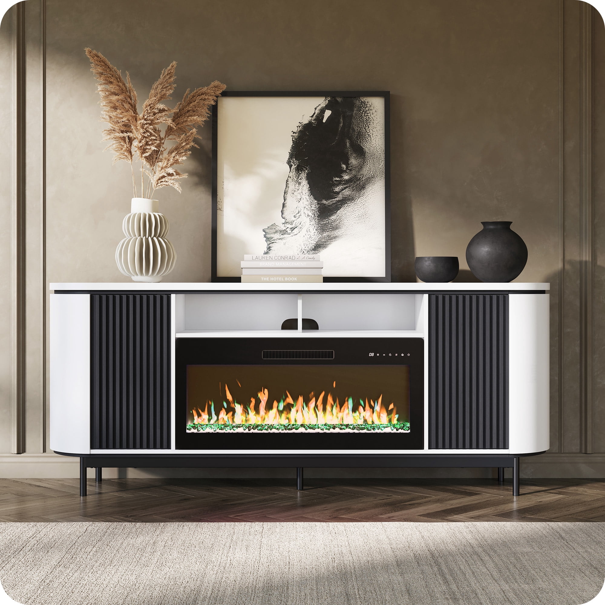 BELLEZE 76" Fluted TV Stand with 36" Electric Fireplace, Large Entertainment Center with Storage for TVs up to 80", Modern Media Console TV Cabinet for Living Room and Bedroom, White