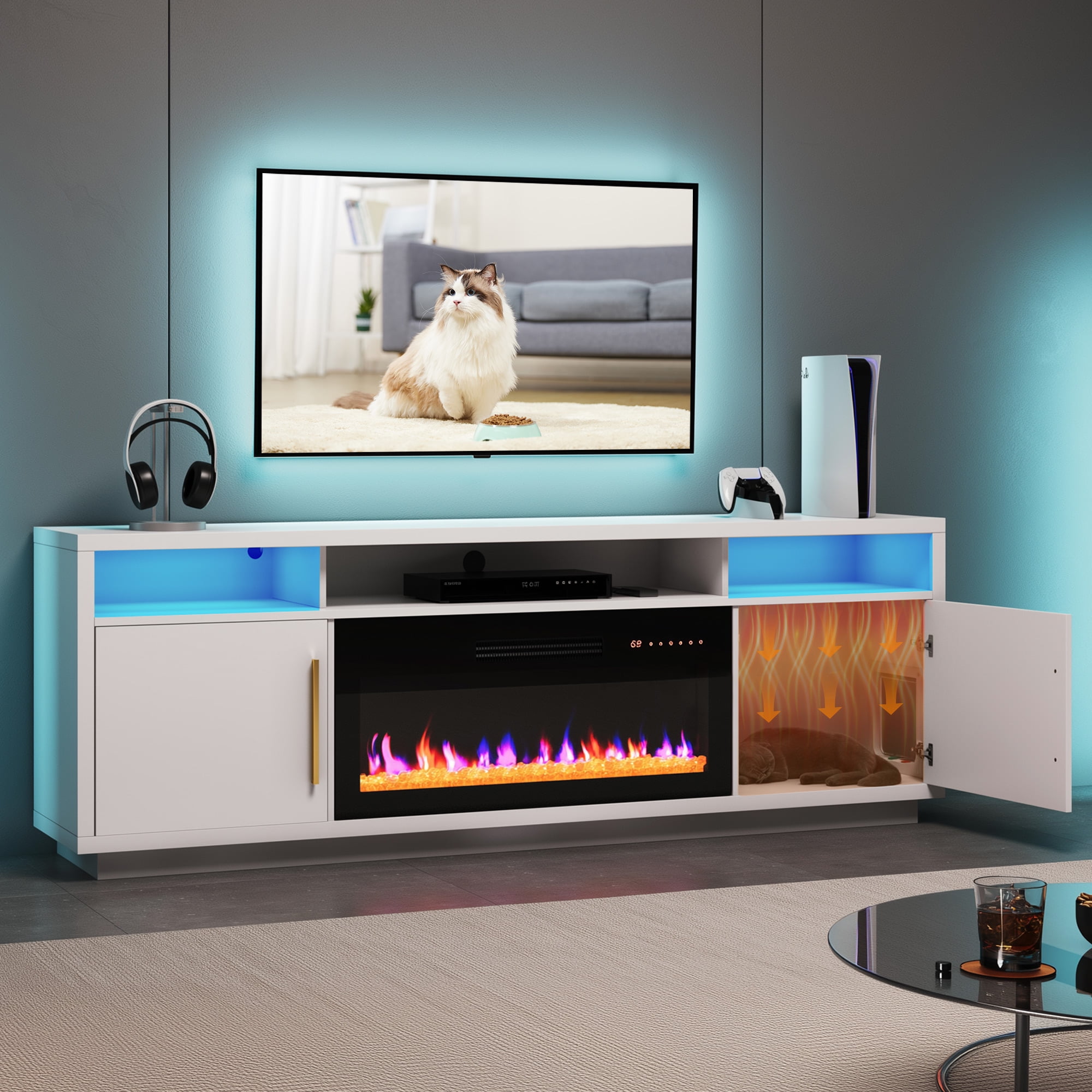Gray 79" TV Stand with Electric Fireplace and Storage Cabinet