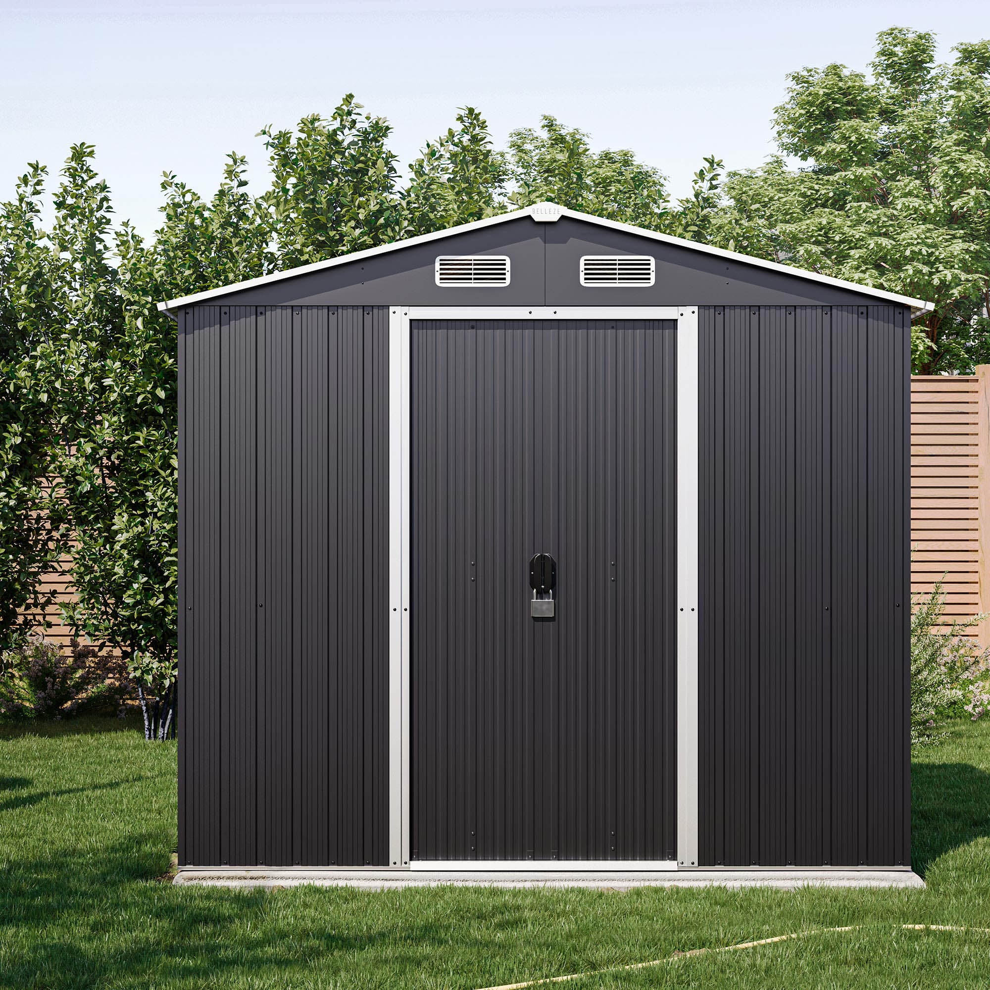 BELLEZE 8 x 6 FT Outdoor Storage Shed, Reinforced Garden Shed with Air Vent, Lockable Door, Weatherproof Metal Outside Storage Shed for Store Bike, Tools, Lawnmower, Outdoor Chairs in Backyard, Patio