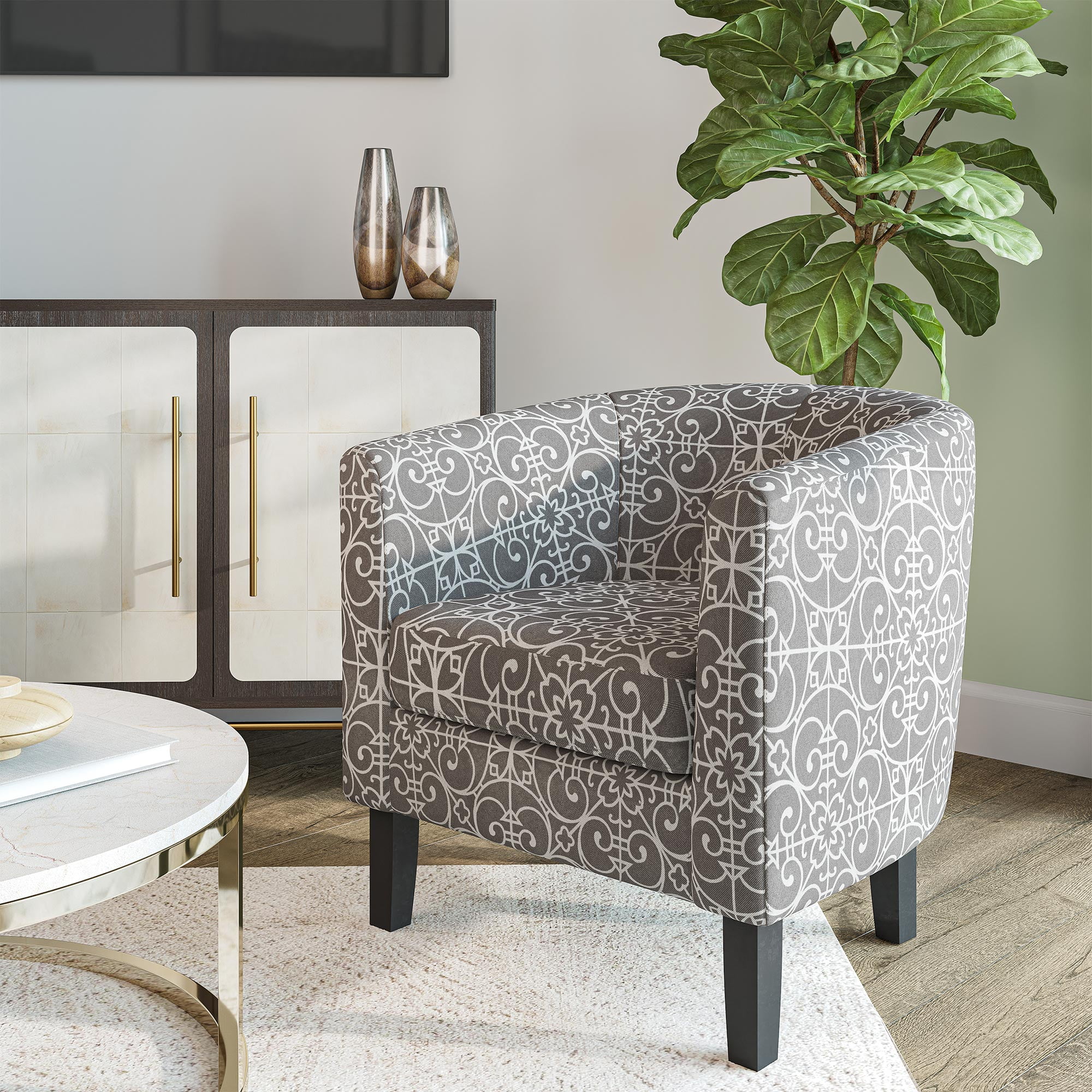 Gray and White Faux Leather Barrel Accent Chair with Wooden Legs