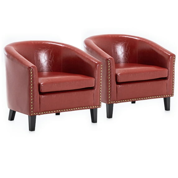 BELLEZE Accent Barrel Chairs Set of 2, Modern Tub Club Chairs Upholstered Armchairs for Living Room, Faux Leather Chairs with Gold Nail Head Trim Black Legs - Kyara (Red)