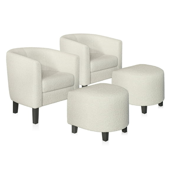 BELLEZE Accent Chair with Ottoman Set of 2, Curved Back Living Room Chair, Stylish Barrel Club Chair and Footrest Set, Upholstered Round Tub Reading Chair for Bedroom - Lydia (White/Polyester)