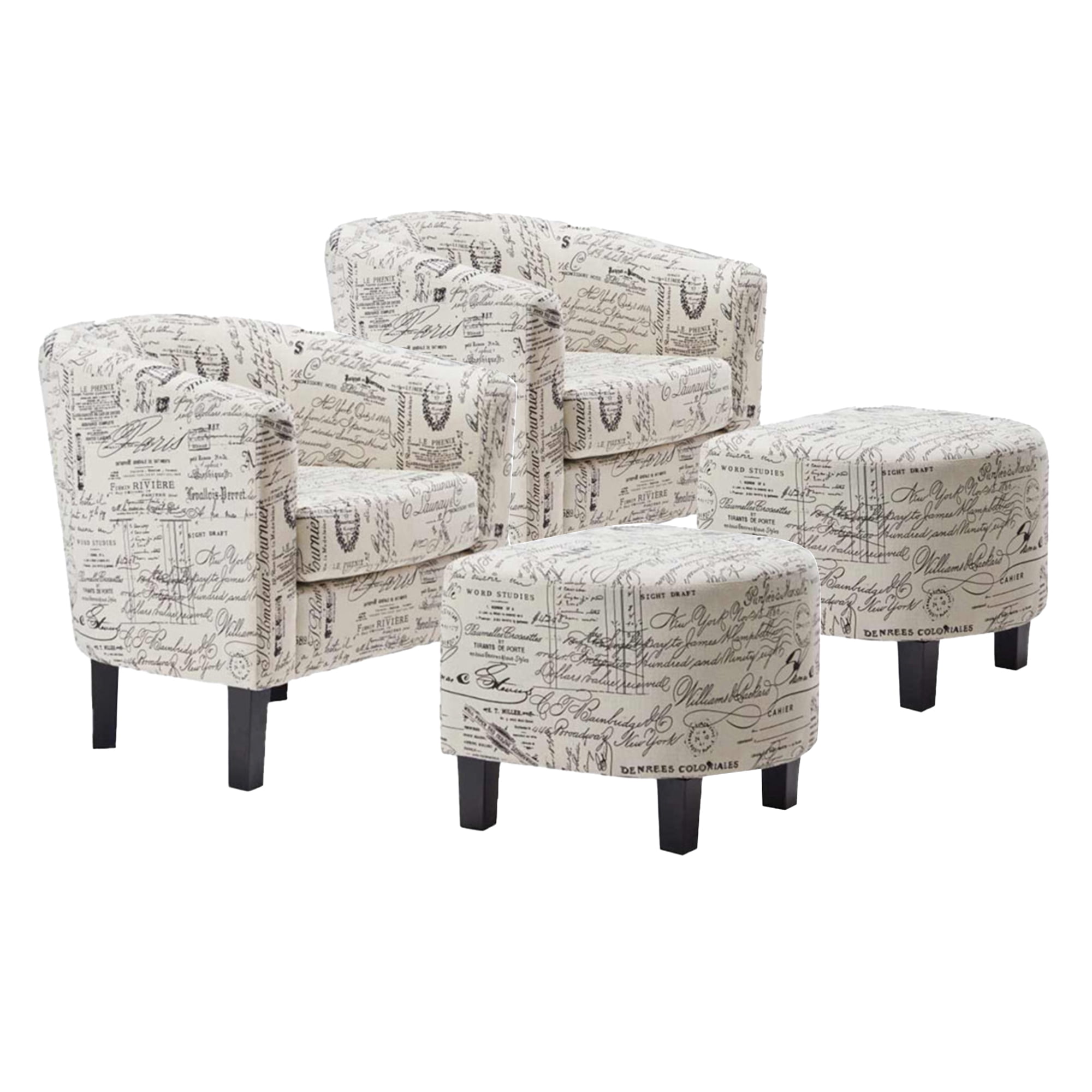 BELLEZE Accent Chair with Ottoman Set of 2, Curved Back Living Room Chair, Stylish Barrel Club Chair & Footrest Set, Upholstered Round Tub Reading Chair for Bedroom- Lydia (White French Pattern/Linen)
