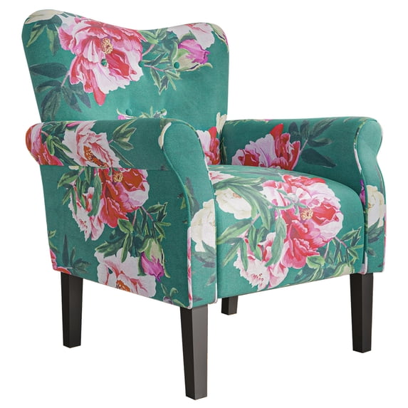 BELLEZE Modern Accent Chair for Living Room, High Back Linen Armchair with Wooden Legs, Upholstered Wingback Side Chair Padded Armrest Single Sofa for Living Room, Bedroom - Allston (Green & Flower)