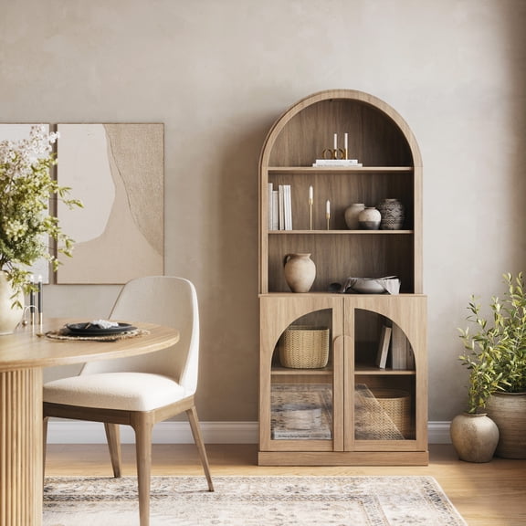 BELLEZE Arched Bookshelf with Glass Doors, 71" Tall Wood Display Cabinet with Adjustable Shelf and Hutch, 5 Tier Modern Bookcase Shelf with Storage for Living Room Office, Camel