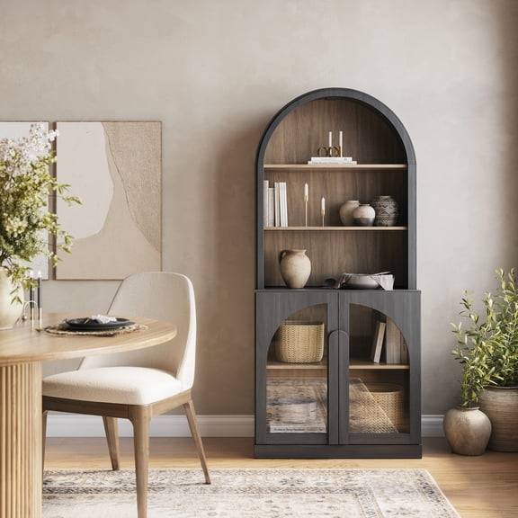 BELLEZE Arched Bookshelf with Glass Doors, 71" Tall Wood Display Cabinet with Adjustable Shelf and Hutch, 5 Tier Modern Bookcase Shelf with Storage for Living Room Office, Ebony