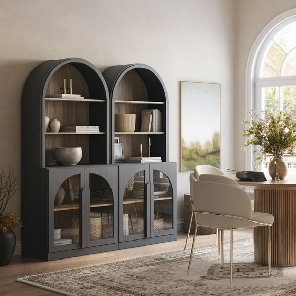 BELLEZE Arched Bookshelf with Glass Doors Set of 2, 71" Tall Wood Display Cabinet with Adjustable Shelf and Hutch, 5 Tier Modern Bookcase Shelf with Storage for Living Room Office, Ebony