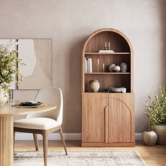 BELLEZE Arched Bookshelf with Storage, 71" Tall Wood Curio Display Cabinet with Adjustable Shelf, 5 Tier Modern Bookcase Shelf with Door for Living Room Office, Camel