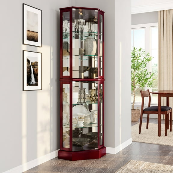 BELLEZE Ashfield Lighted Wood/Glass Curio Corner Cabinet Floor Standing, Cherry