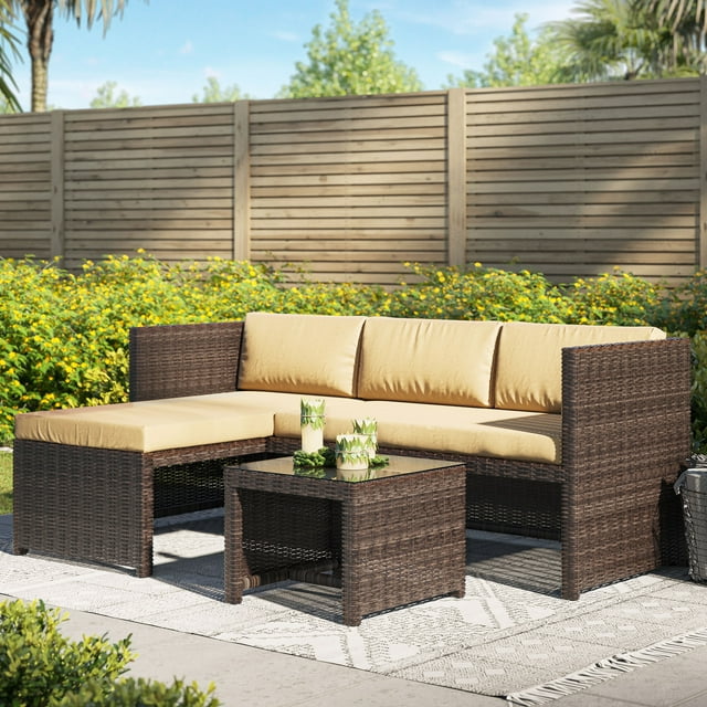 BELLEZE Balboa 3 Piece Patio Conversation Set All-Weather Wicker Rattan Corner Sofa with Cushion and Glass Table, Brown