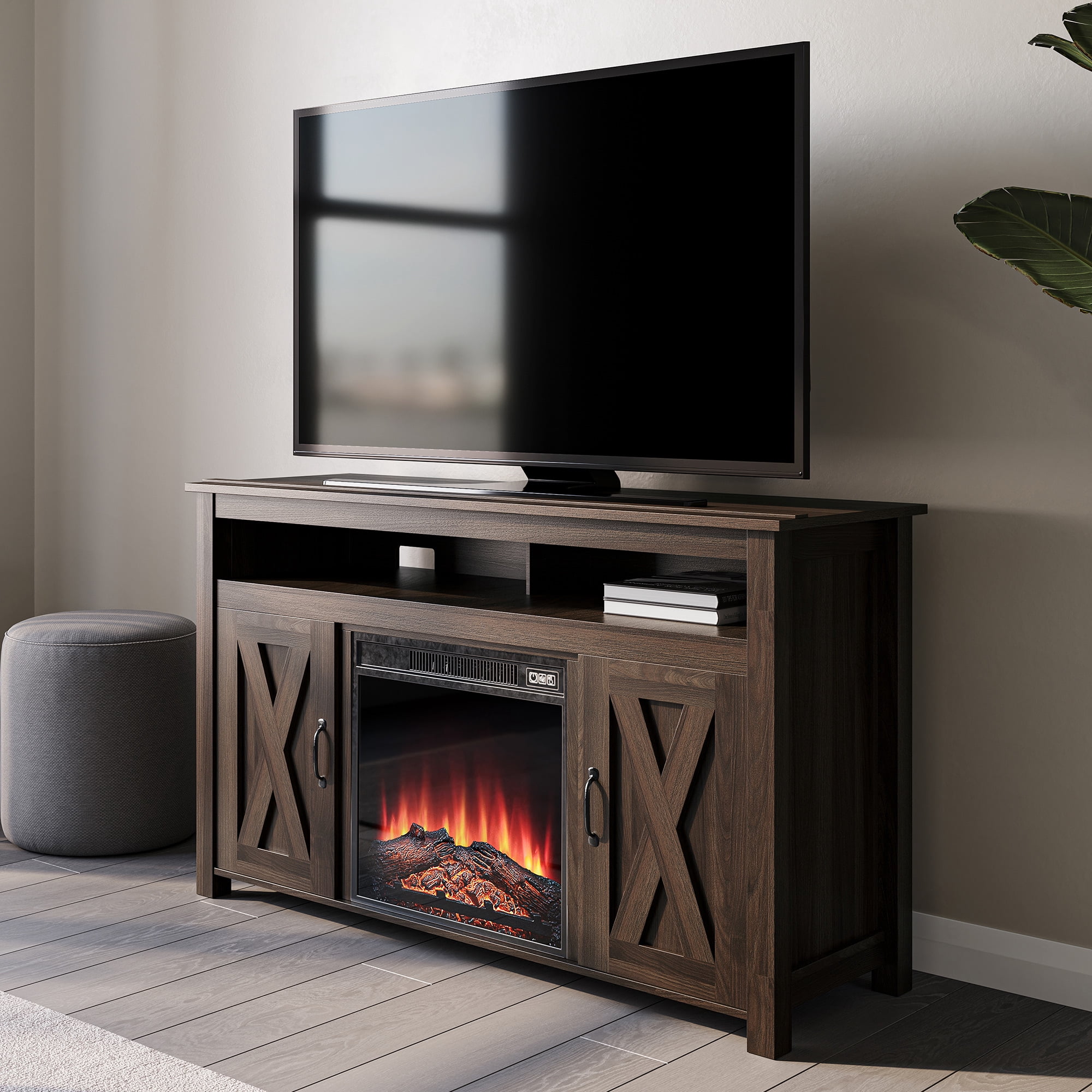 BELLEZE Barn Door Wood Electric Fireplace TV Stand for TVs up to 55 Inches  u0026 Media Entertainment Center Console Table with Two Open Shelves and  Cabinets - Corin (Dark Walnut) - Walmart.com