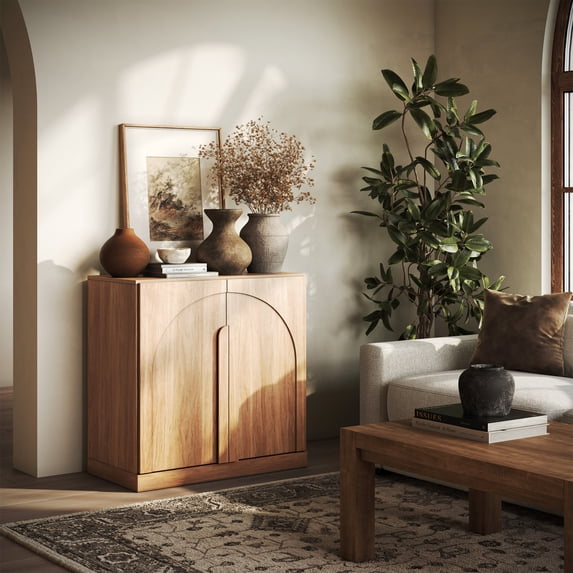 BELLEZE Bijou 31.5" Modern Wood Storage Cabinet with Arched Doors - Private Storage Sideboard Console for Entryway, Bedroom & Office - Hidden Organization, 70lbs Capacity, Camel
