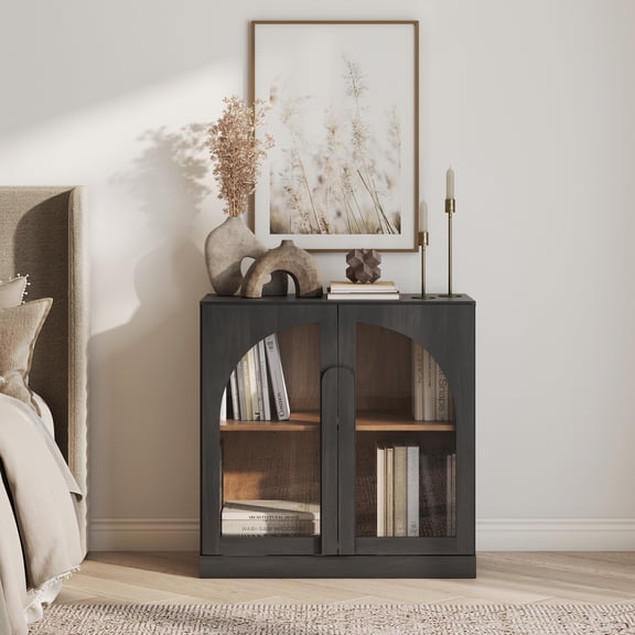 BELLEZE Bijou 31.5" Modular Sideboard Cabinet & TV Stand Console - Expandable Design w/Arched Glass Doors - Use Solo or Combine for Buffet, Living Room Media Center & Entryway - 70lbs Capacity, Ebony