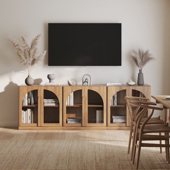 BELLEZE Bijou Set of 3 Modular Sideboard Cabinets (94.5" Extra Long) - 6-Door Media Console TV Stand for 85+ Inch TV - Modern Arched Glass Buffet Credenza for Large Dining Room & Living Area- Camel