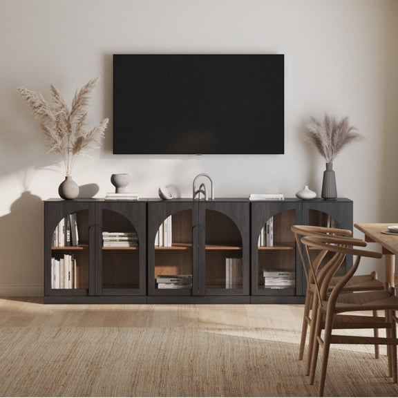 BELLEZE Bijou Set of 3 Modular Sideboard Cabinets (94.5" Extra Long) - 6-Door Media Console TV Stand for 85+ Inch TV - Modern Arched Glass Buffet Credenza for Large Dining Room & Living Area- Ebony