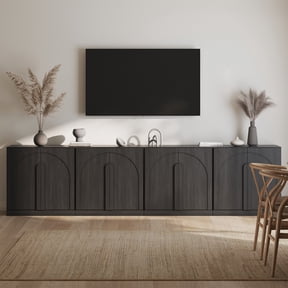 BELLEZE Bijou Set of 4 Wall-to-Wall Storage Cabinets (126" Wide) - Grand Sideboard Buffet System w/8 Arched Glass Doors - Massive Entertainment Center & Display Console for Living Room, Office, Ebony