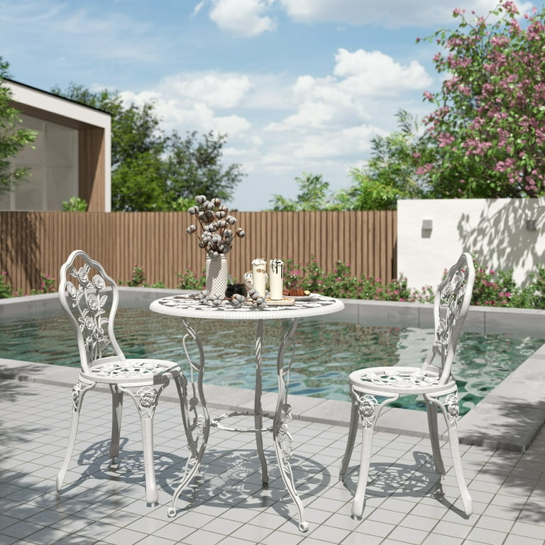 BELLEZE Bistro Outdoor Piece Patio Set Rose Design Weather Resistant  Round Table Chairs White Cast Garden Furniture