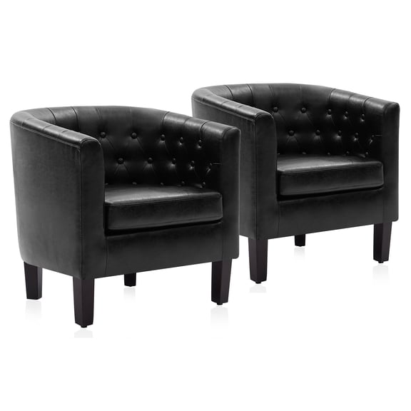 BELLEZE Black Accent Chairs for Living Room, Set of 2 Elegant Arm Chairs, Upholstered Tufted Barrel Chairs Club Chairs for Bedroom with Sturdy Legs and Faux Leather - Berlinda (Black)