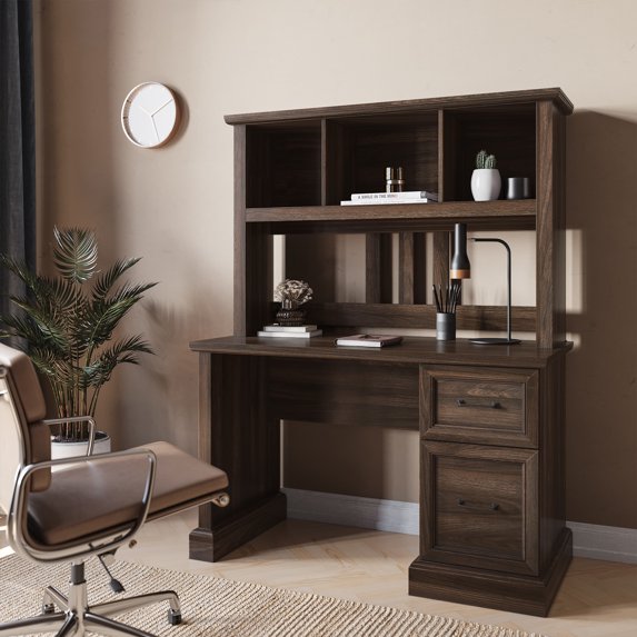 BELLEZE Bonelli 50" Executive Desk with Hutch, Dark Walnut