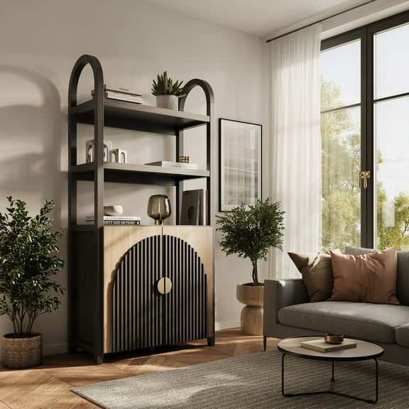 BELLEZE Book Shelf 72" Tall Arched Bookcase With Storage, 3 Tier Mid Century Modern Bookshelf With Doors, Modular Bookshelves For Living Room Office Kids Room Library (Camel)