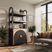 BELLEZE Book Shelf 72" Tall Arched Bookcase With Storage, 3 Tier Mid Century Modern Bookshelf With Doors, Modular Bookshelves For Living Room Office Kids Room Library Camel