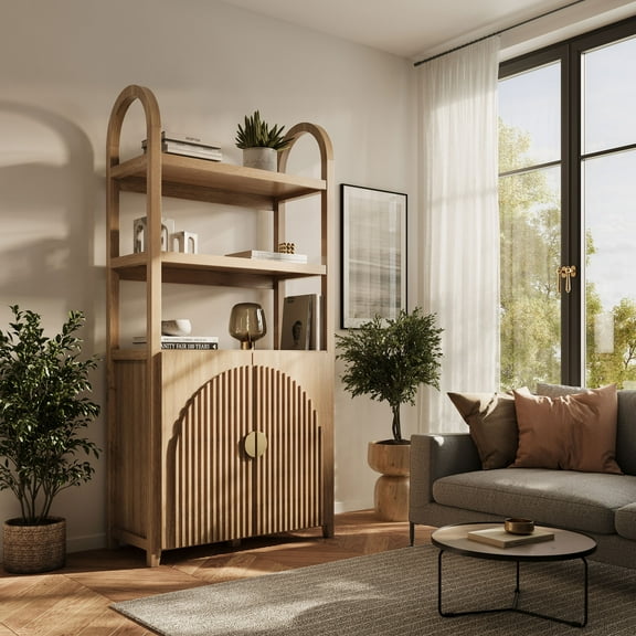 BELLEZE Book Shelf 72" Tall Arched Bookcase With Storage, 3 Tier Mid Century Modern Bookshelf With Doors, Modular Bookshelves For Living Room Office Kids Room Library (Caramel Brown)